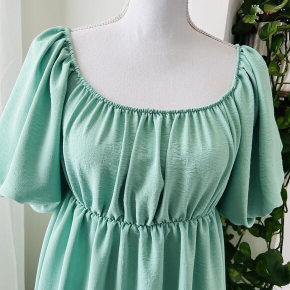 See You Monday Anthropologie Sea Foam Green Puffy Peasant Style Dress Size Large - Picture 2 of 7